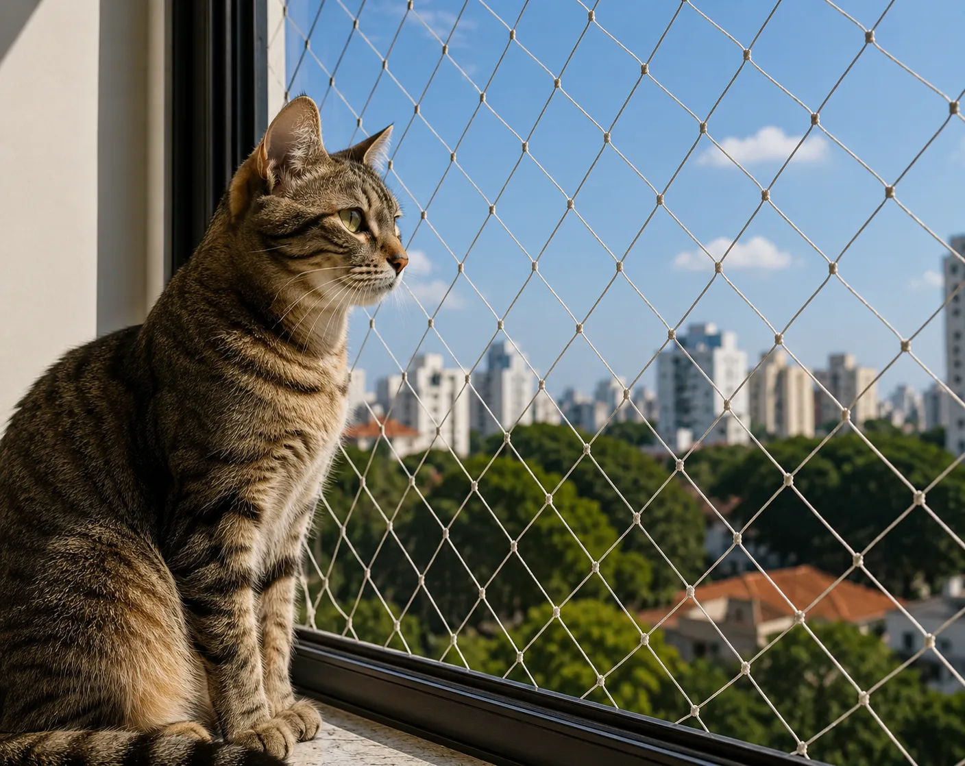 Técnico da Prime Redes de Proteção instalando rede em janela de apartamento